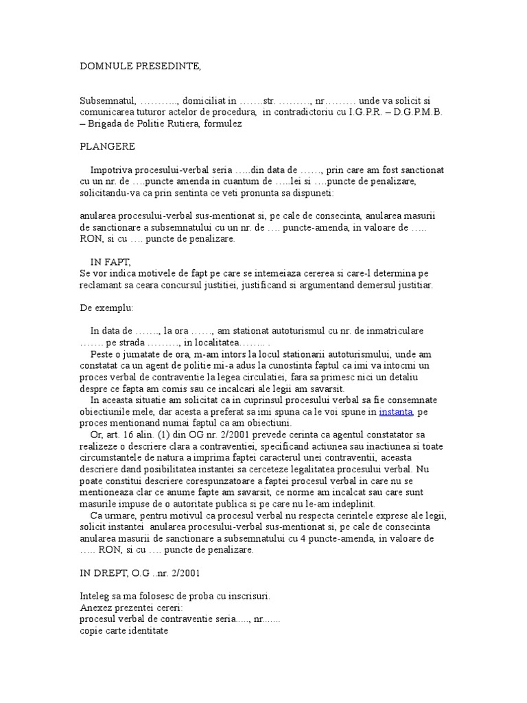 Model Cerere Contestare A Procesului Verbal de Contraventie | PDF
