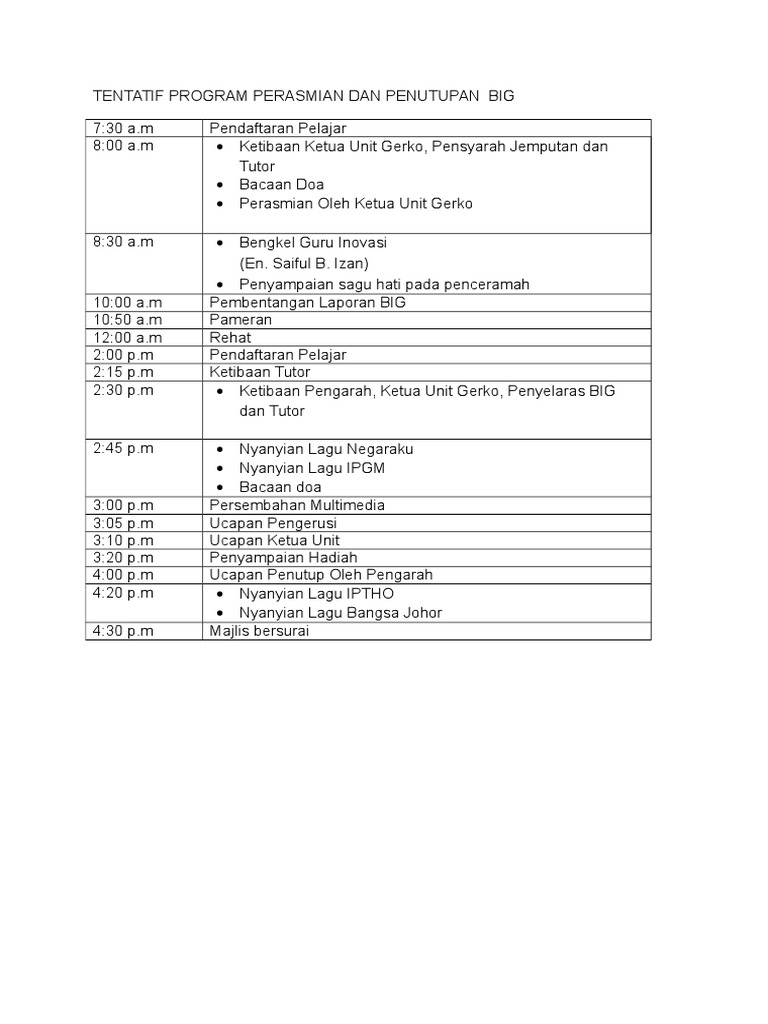 Tentatif Program Perasmian Big | PDF