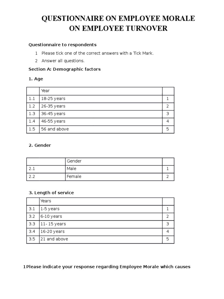 Questionnaire On Employee Morale On Employee Turnover Pdf Turnover