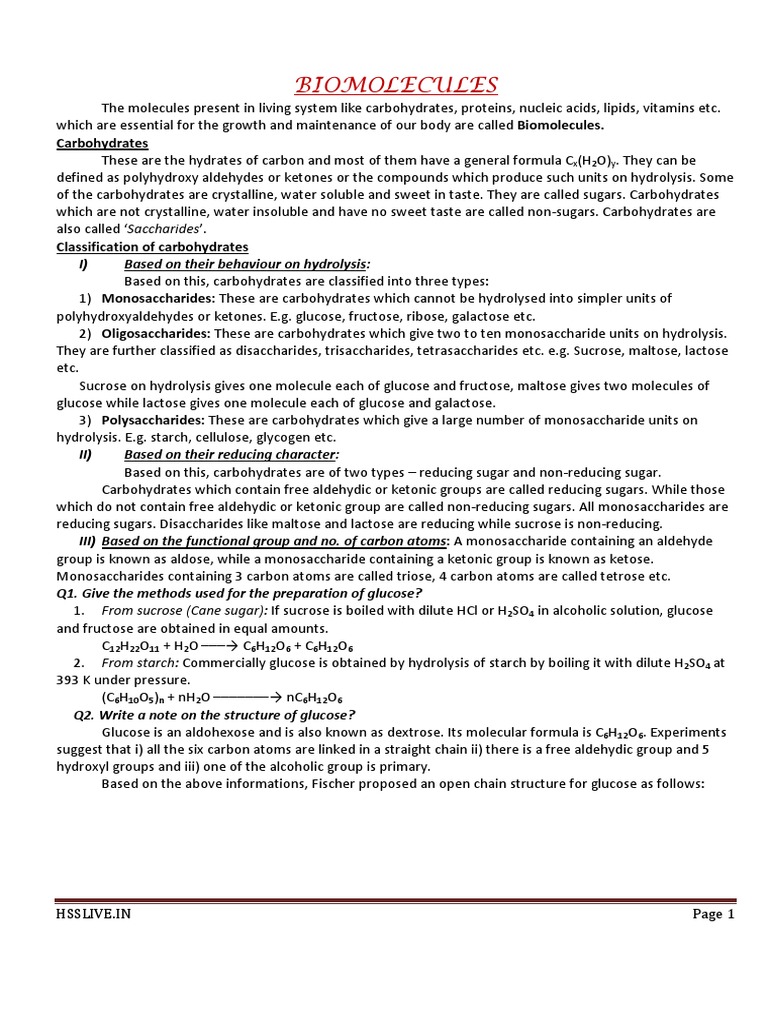 BIOMOLECULES Plustwo Chemistry Hsslive PDF Carbohydrates Glucose