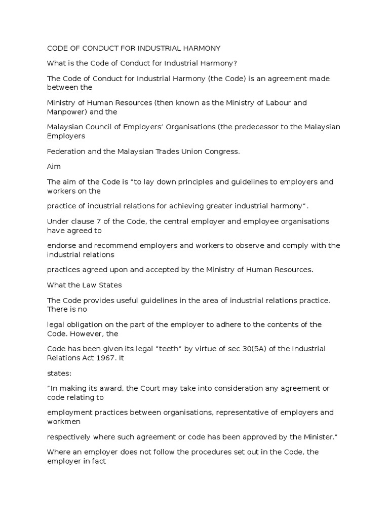 Code of Conduct For Industrial Harmony PDF Recruitment Employment