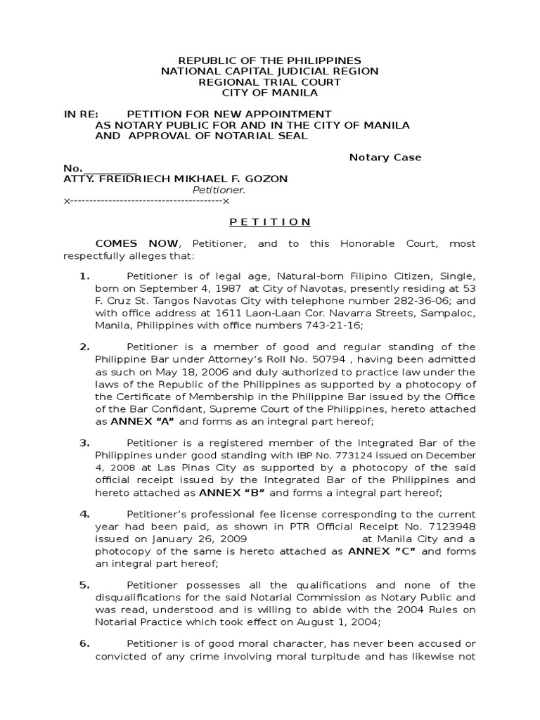 Sample Petition For Notary PDF Notary Public Government Information