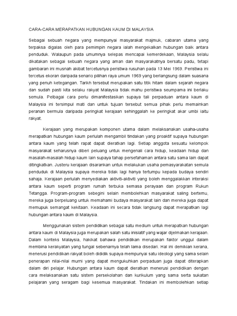 Cara Merapatkan Hubungan Antara Kaum Di Malaysia Pdf