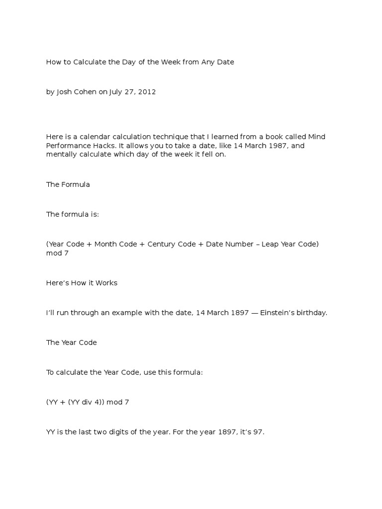 Calculate Day of Week from Date | PDF | Calendar | Teaching Mathematics