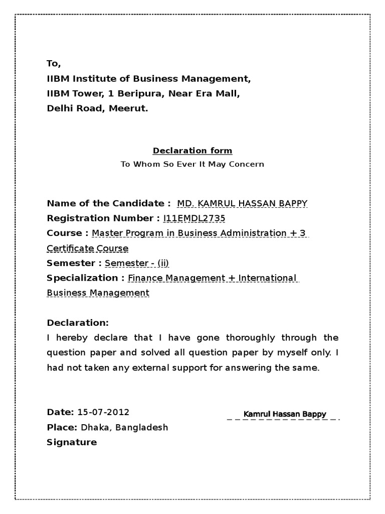 MBA Declaration: Finance & Intl. Business | PDF