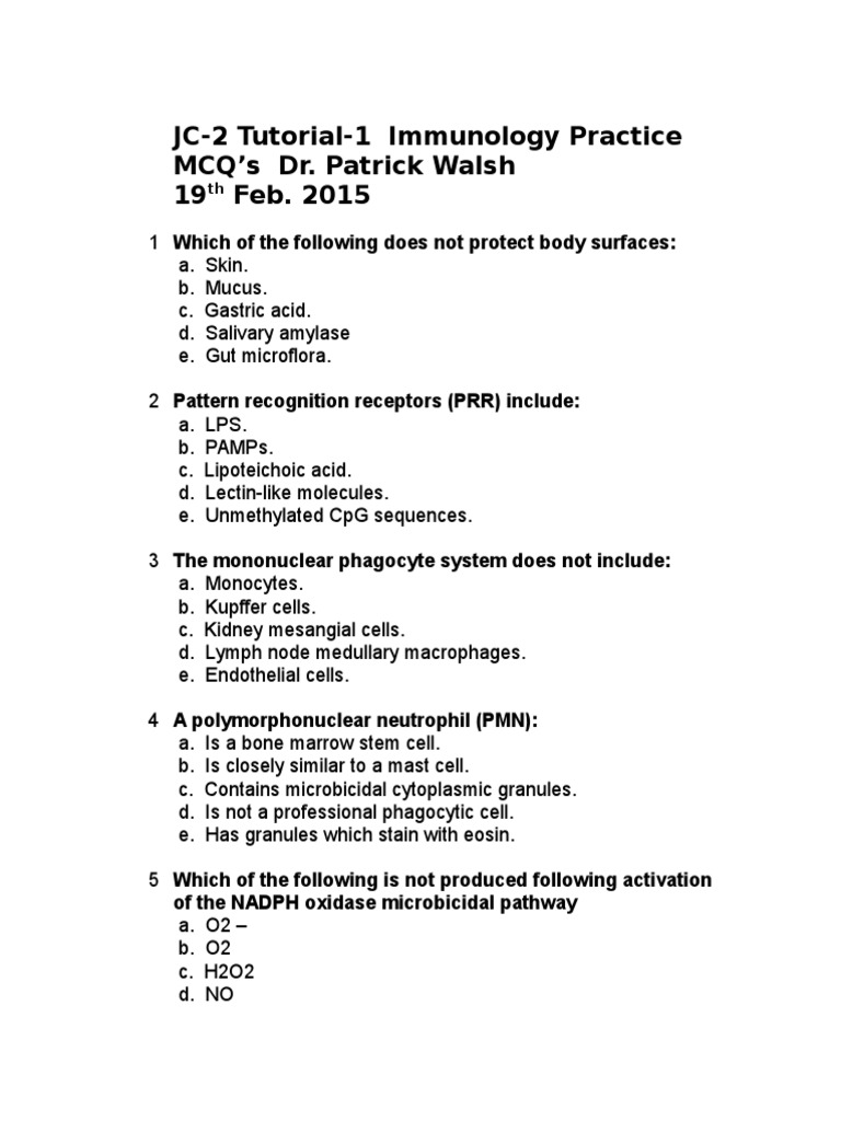 JC2 Tutorial1 Immunology Practice MCQ’s Immune System Antigen