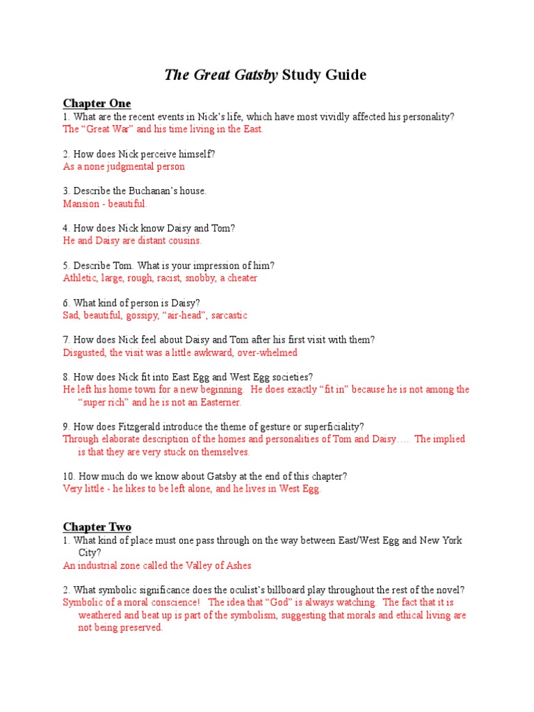 The Great Gatsby Study Guide Key The Great Gatsby