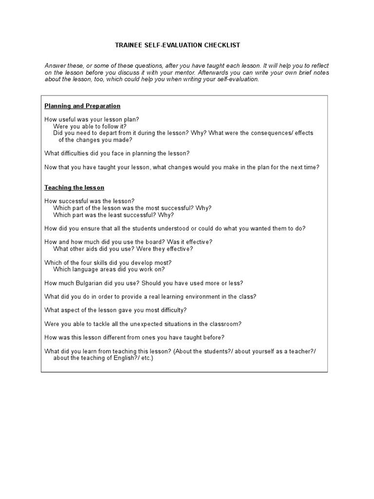 Trainee Lesson Reflection Checklist | PDF