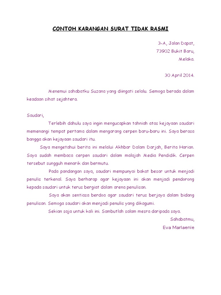 Contoh Surat Kiriman Tidak Rasmi | PDF