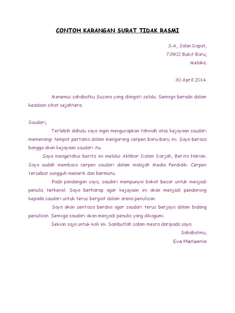 Contoh Karangan Surat Tidak Rasmi