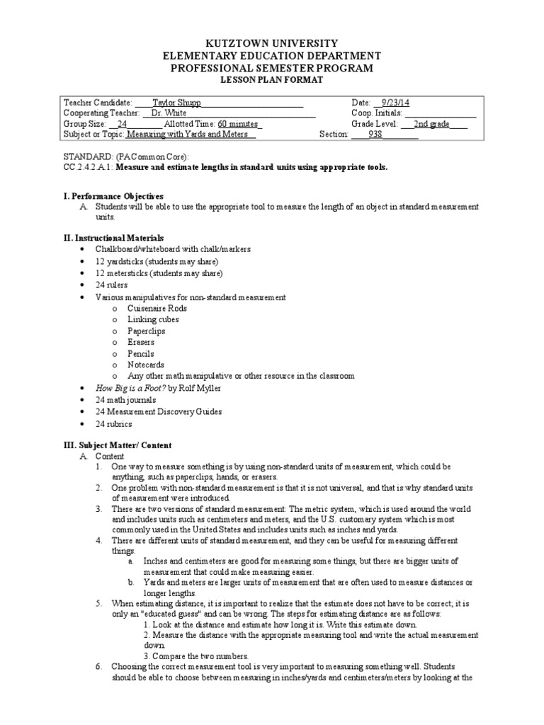 Adapted Measurement Lesson Plan Yard Units Of Measurement