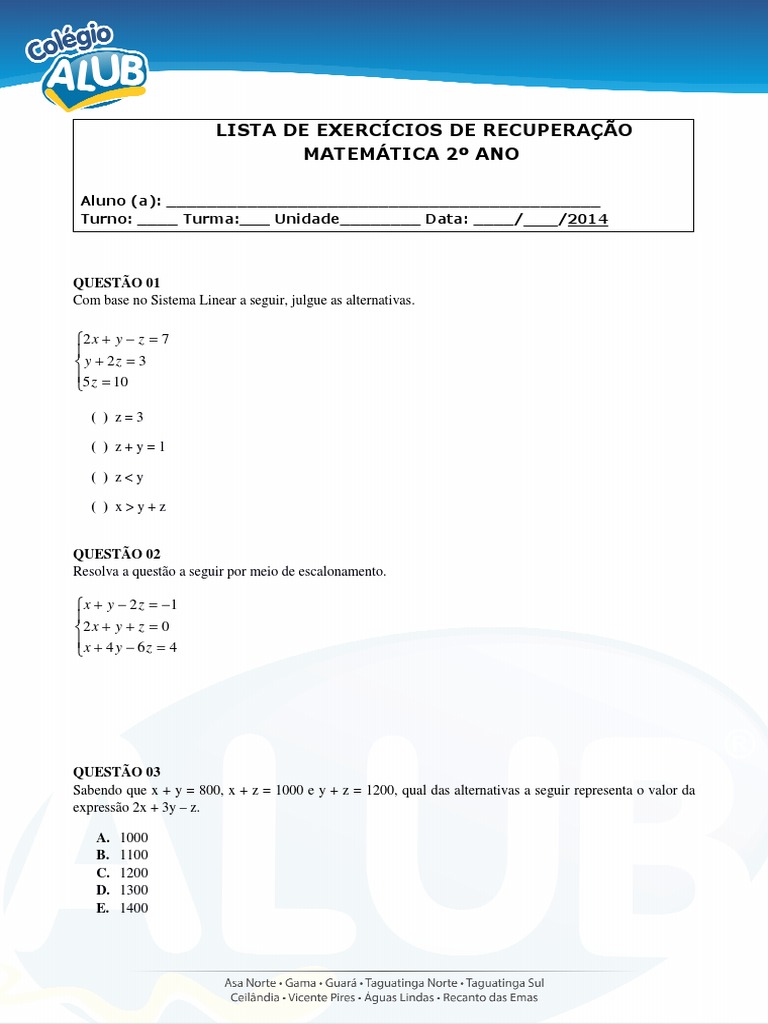 Exercícios Matemática - ALUB