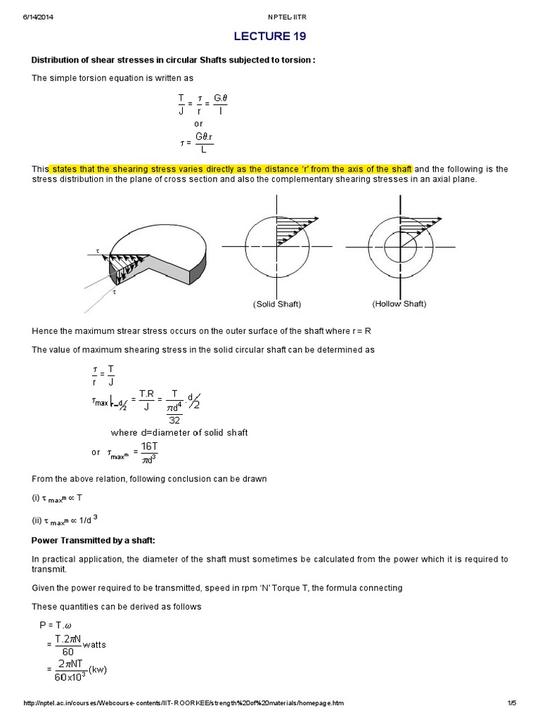 Distribution of Shear Stresses in Circular Shafts Stress (Mechanics