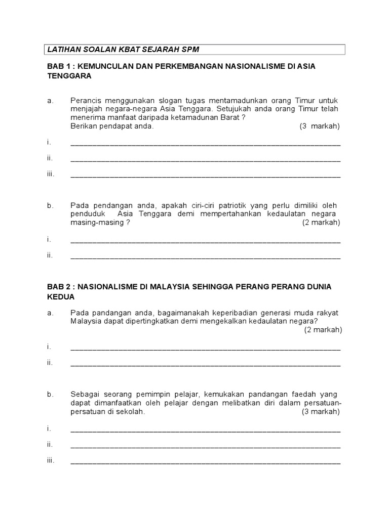 Latihan Soalan Kbat Sejarah Spm