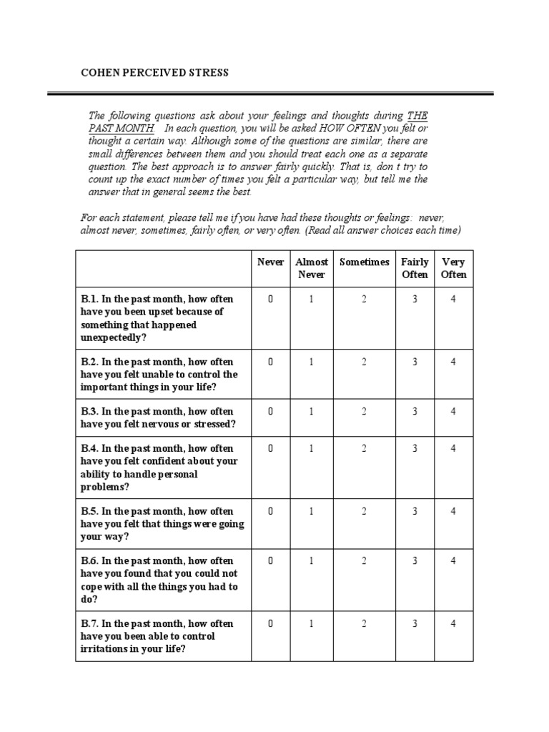 Cohen Perceived Stress Scale PDF Stress Management Stress (Biology)