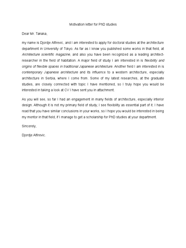 motivation letter for phd research