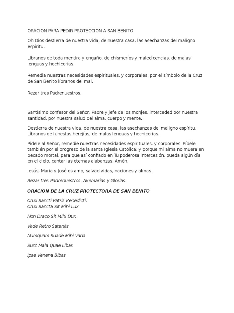 Oracion Para Pedir Proteccion A San Benito Pdf Orador Del Señor Santo