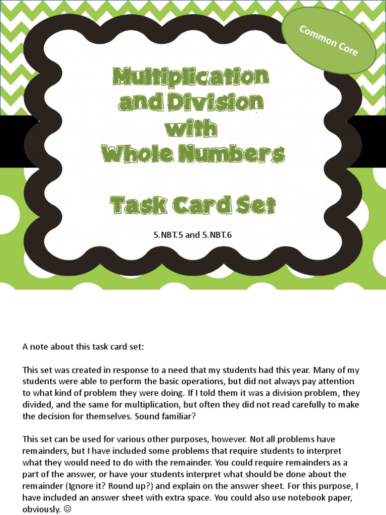 Multiplication and Division With Whole Numbers Task Card Set | PDF ...