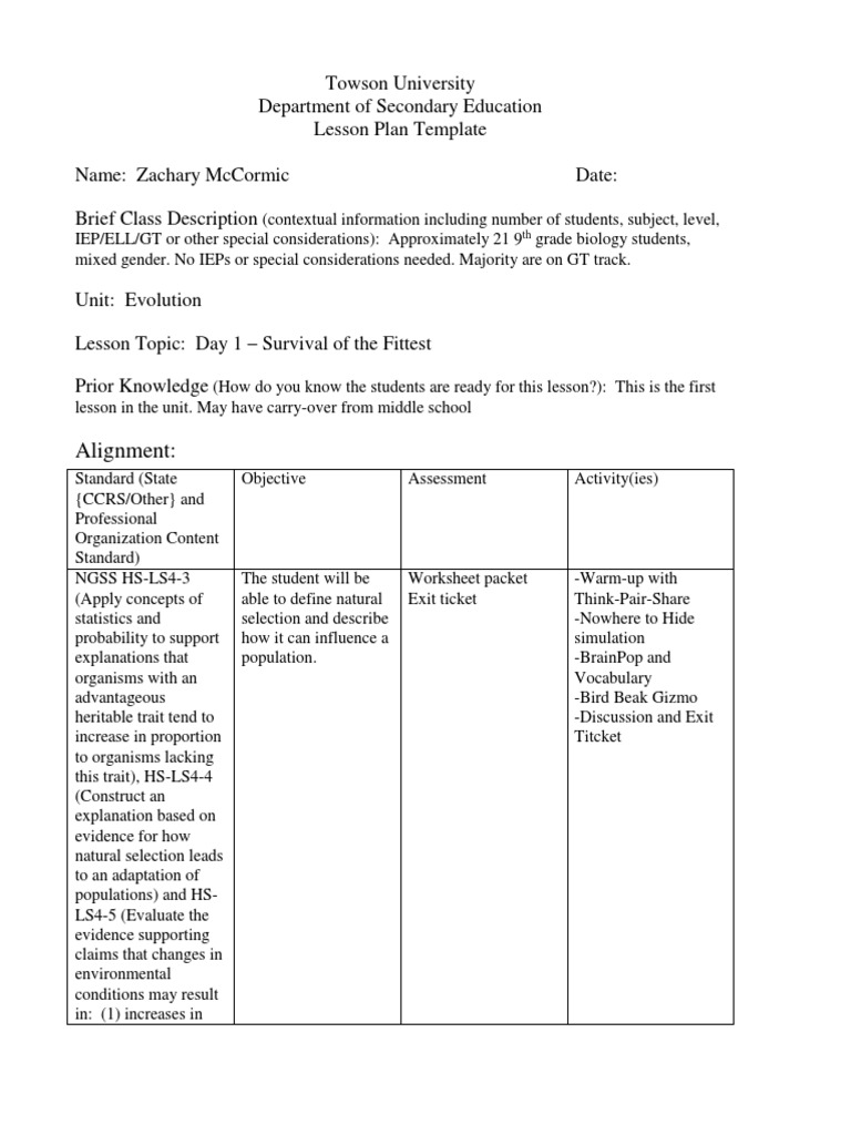 Towson University Department of Secondary Education Lesson Plan ...