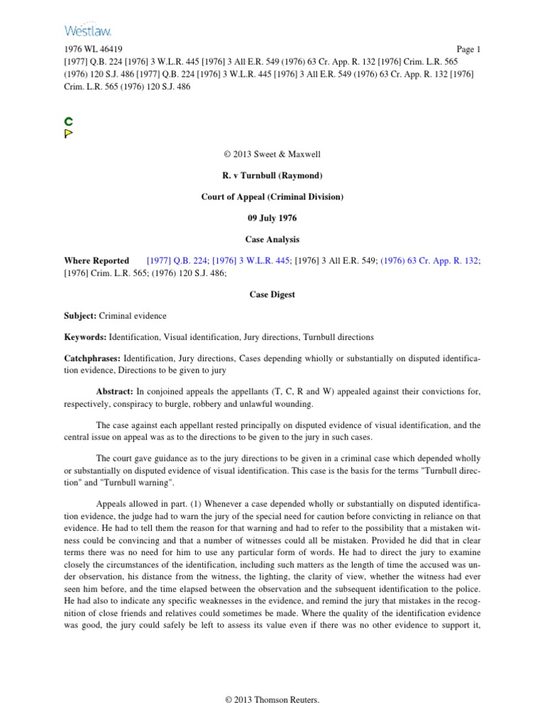 R v Turnbull (Version 2) Evidence (Law) Evidence