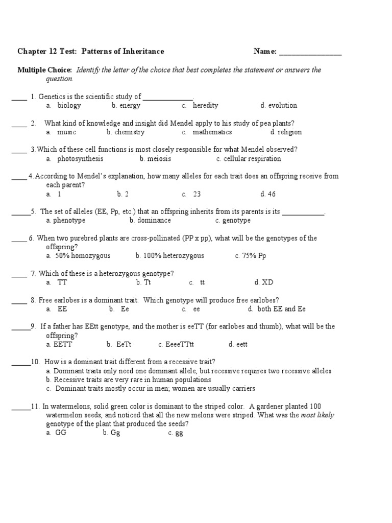 Chapter 12 Test: Patterns of Inheritance | Dominance (Genetics) | Genotype