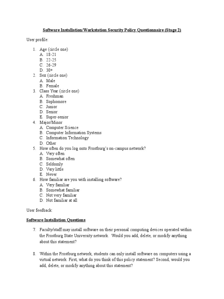 Software Installation/Workstation Security Policy Questionnaire (Stage ...