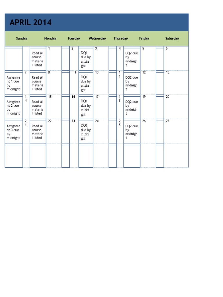 April 2014 Course Assignment Schedule | PDF | Travel