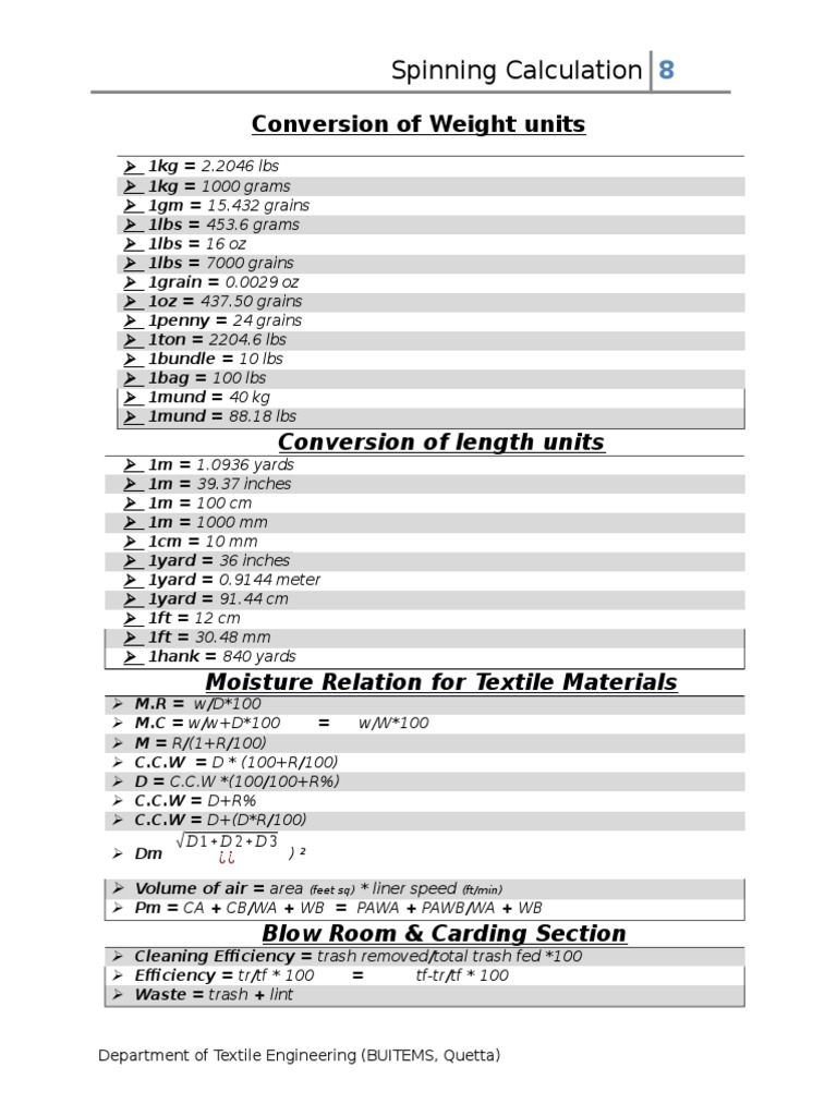 Spinning Production & Other Calculation PDF Physical Quantities