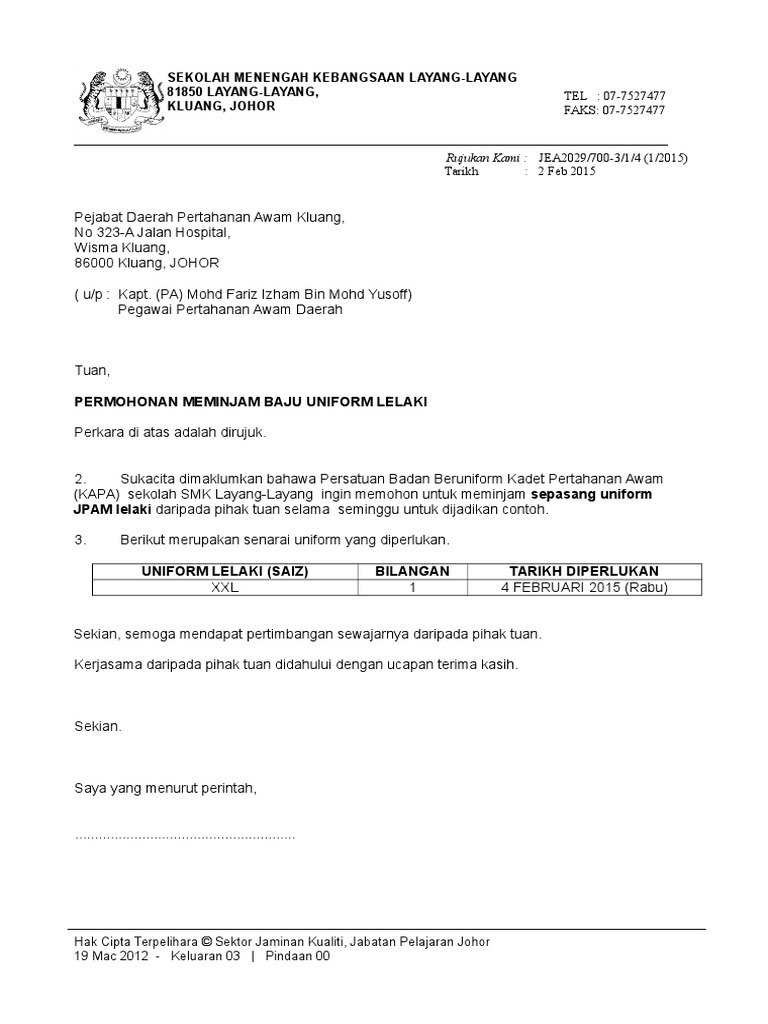 Surat Mohon Uniform Jpam 2015
