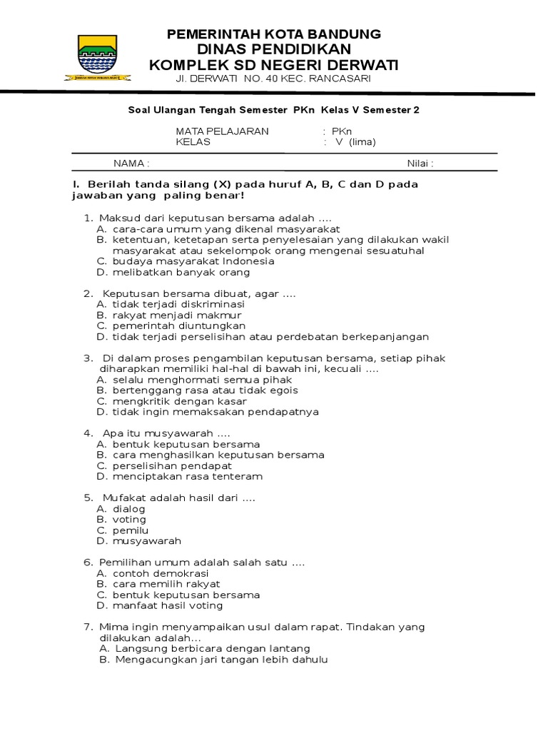Soal Uts Pkn Kelas 5 Semester 2