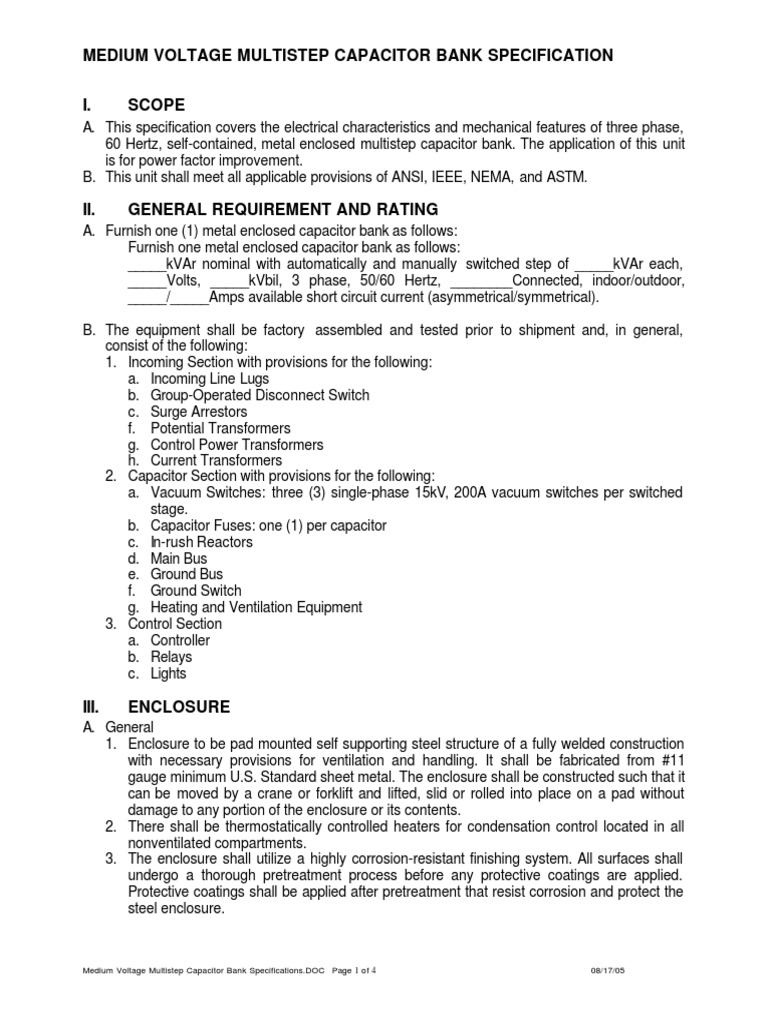 Medium Voltage Capacitor Bank Specs | PDF | Capacitor | Switch