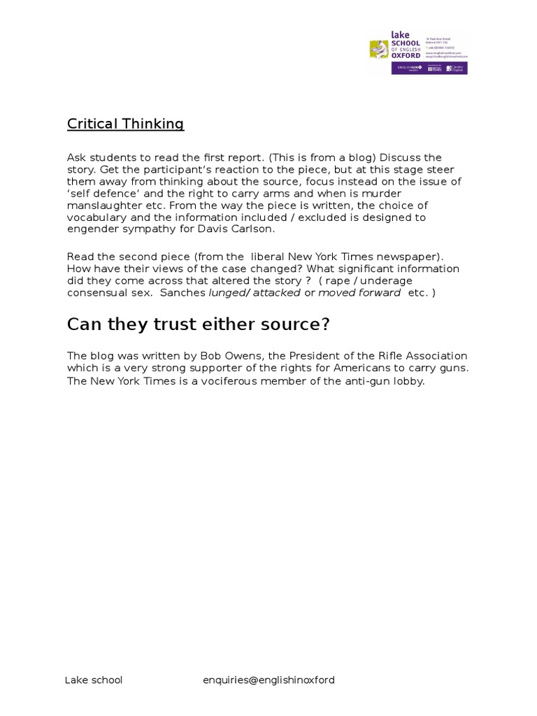 Critical Thinking Reading Text | PDF