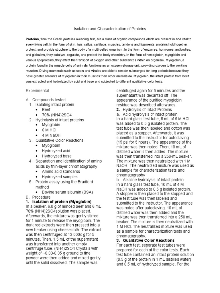 Protein Isolation and Myoglobin Analysis | PDF | Proteins | Hydrolysis