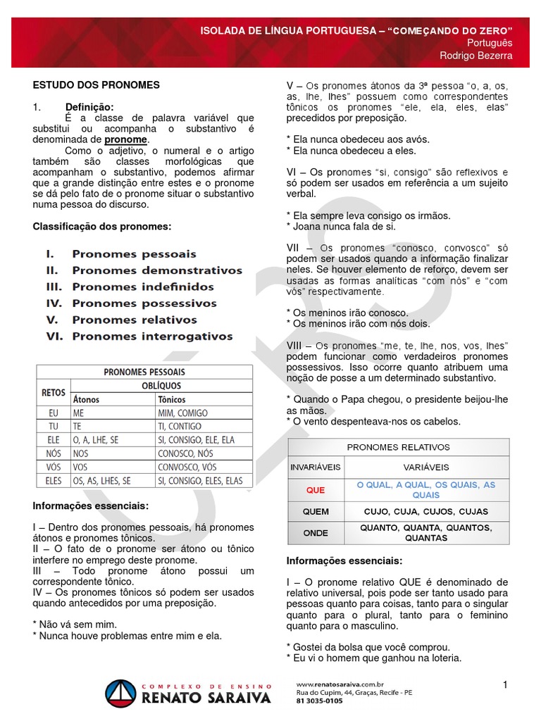 Estudo dos Pronomes em Português | PDF | Pronome | Tipologia linguística