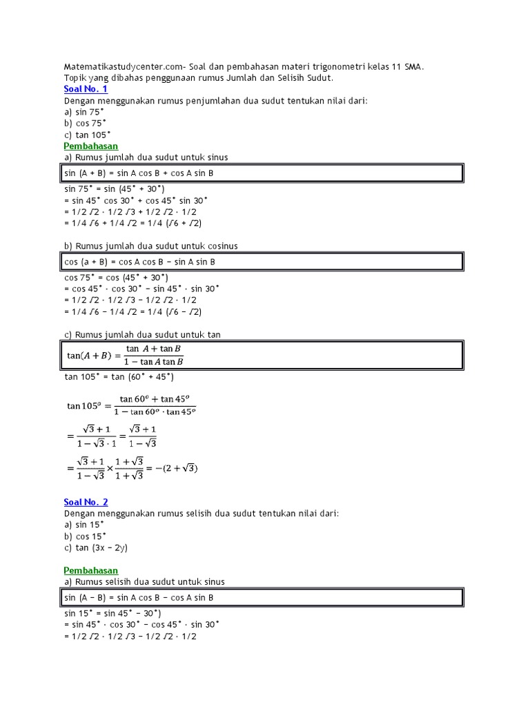 Contoh Soal Dan Jawaban Matematika Trigonometri Kelas Xi ...