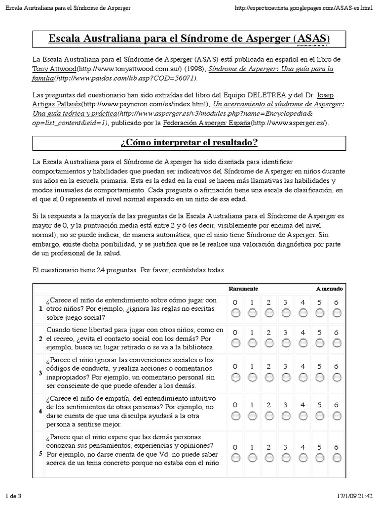 Escala Australiana para El Sindrome de Asperger ASAS | PDF | Síndrome ...