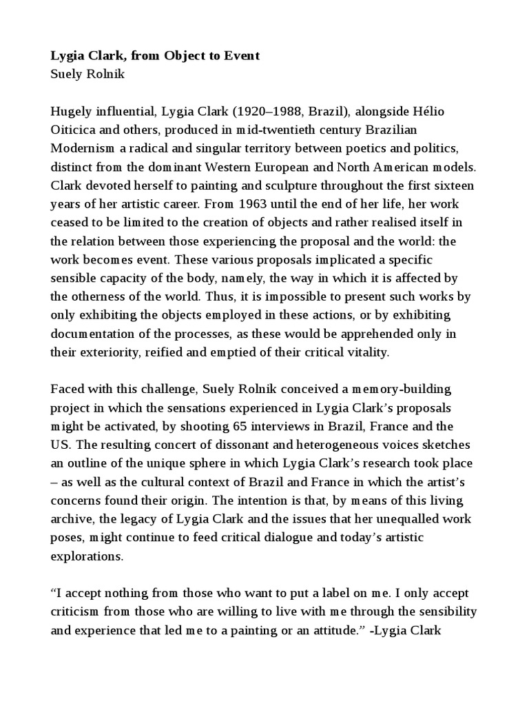 Lygia Clark From Object To Event Psychology Cognitive Science