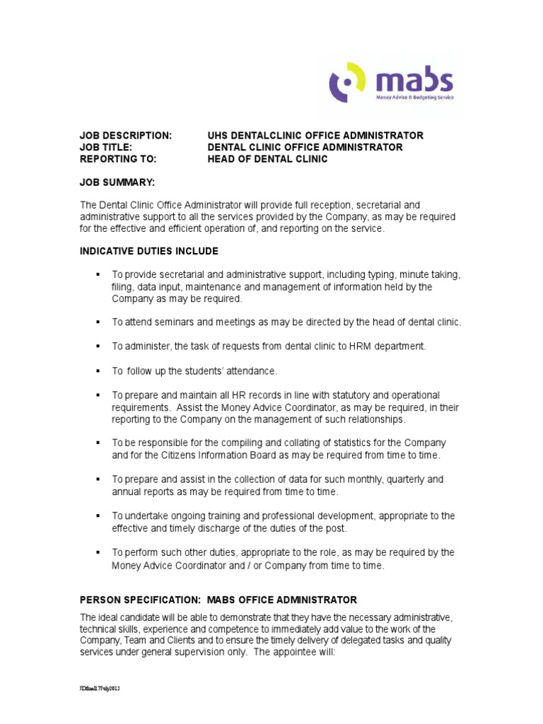 Job Description Uhs Dentalclinic Office Administrator Job Title