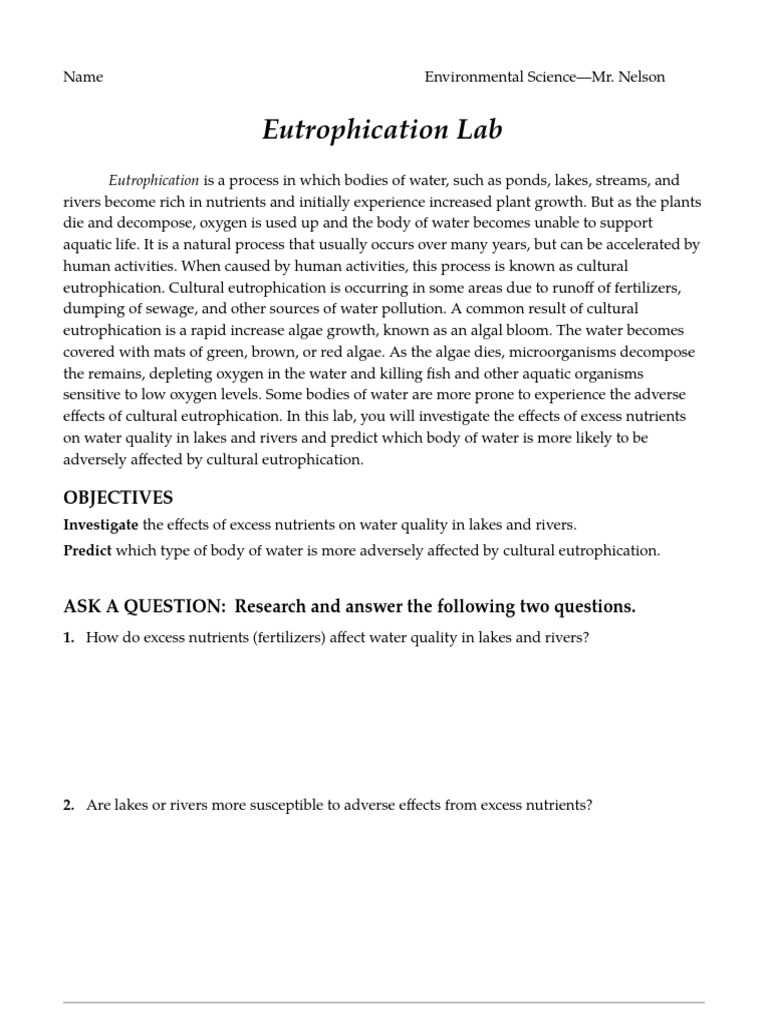 Eutrophication Lab Pdf Eutrophication Water And Politics