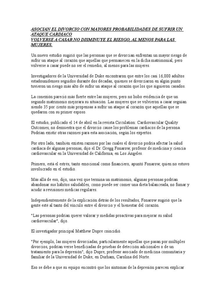 Divorcio y riesgo de ataque cardíaco en mujeres | PDF | Infarto de ...