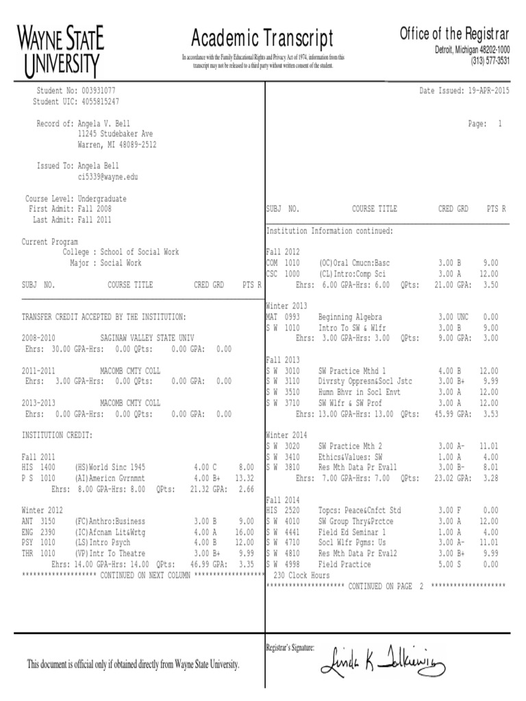 Ptcas transcript entry picture