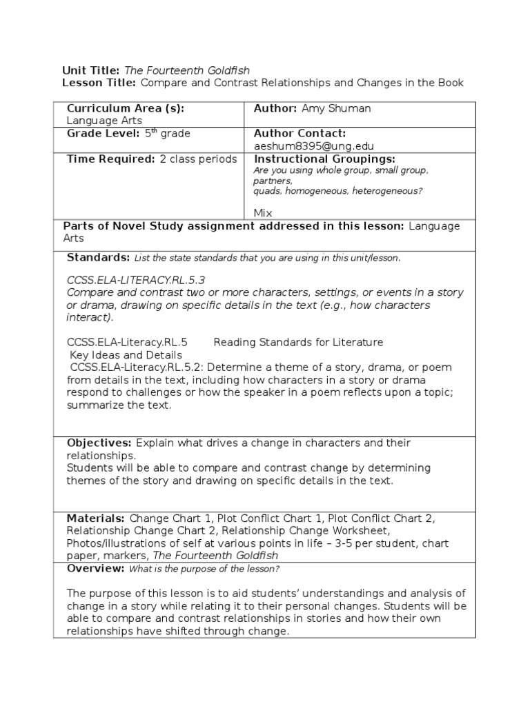 Grade 5 Novel Study: The Fourteenth Goldfish | PDF | Lesson Plan | Teaching