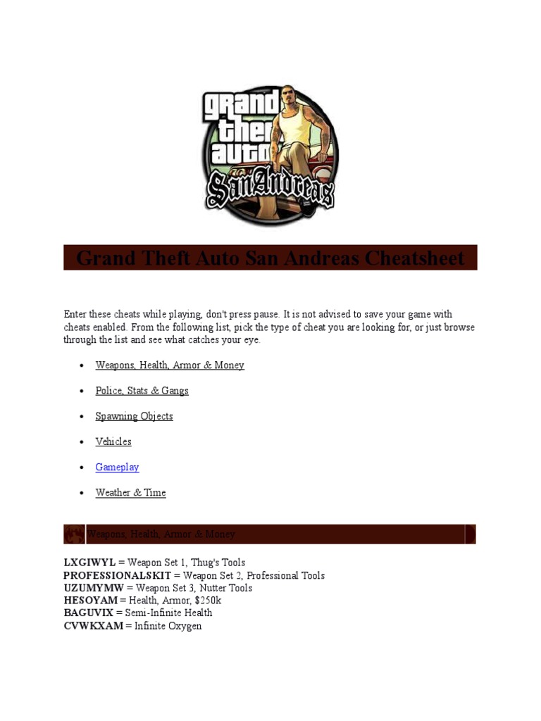 GTA San Andreas Cheat Codes Guide PDF Leisure Sports 1