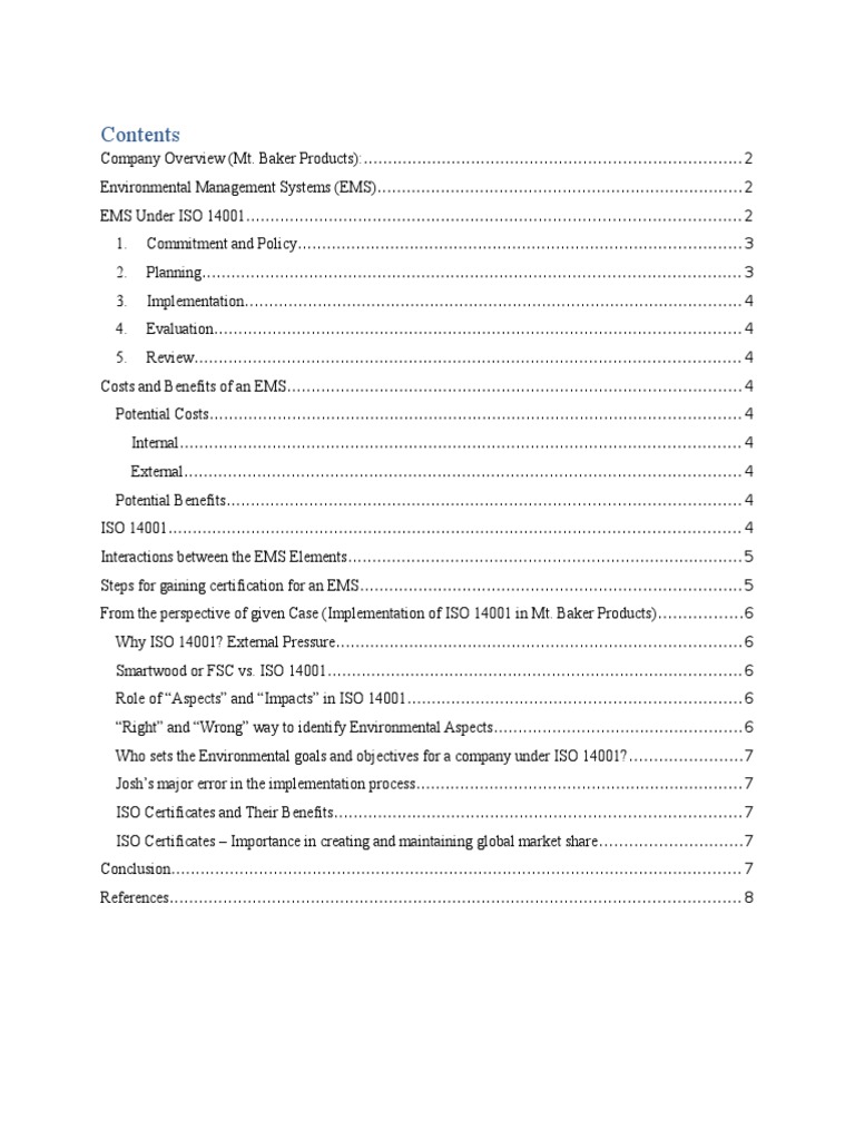 Iso 14001 Implementation at MT Baker Products 1 1 1 PDF Forest