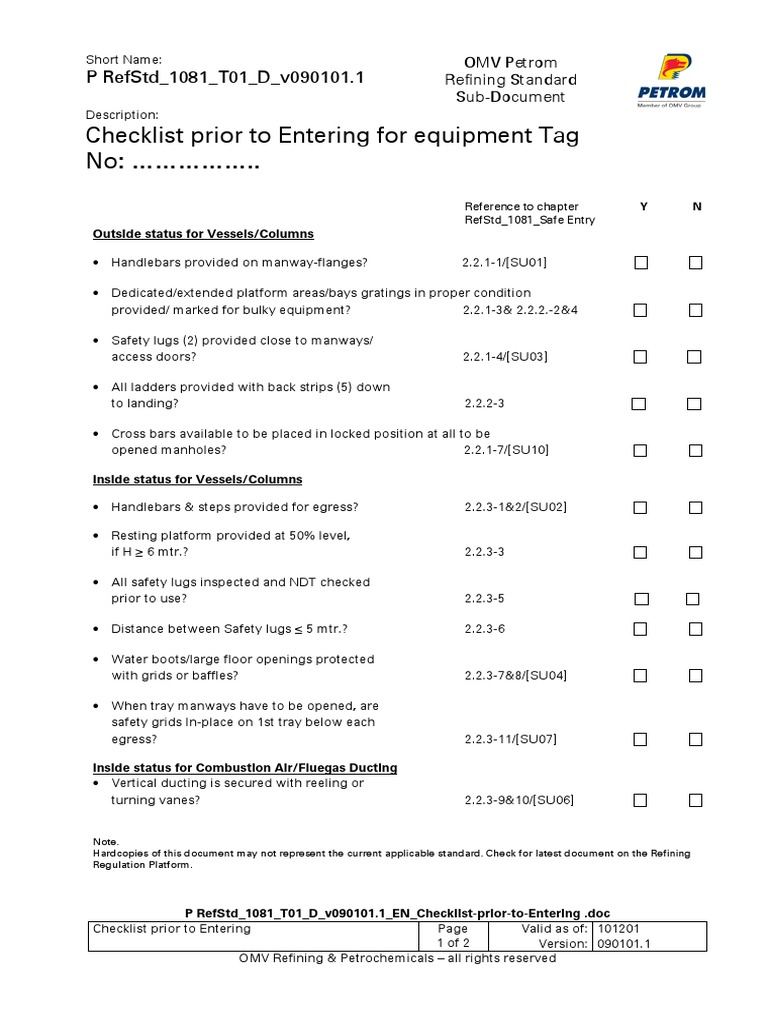 P RefStd 1081 T01 D v090101.1 en Checklist-prior-To-Entering | PDF