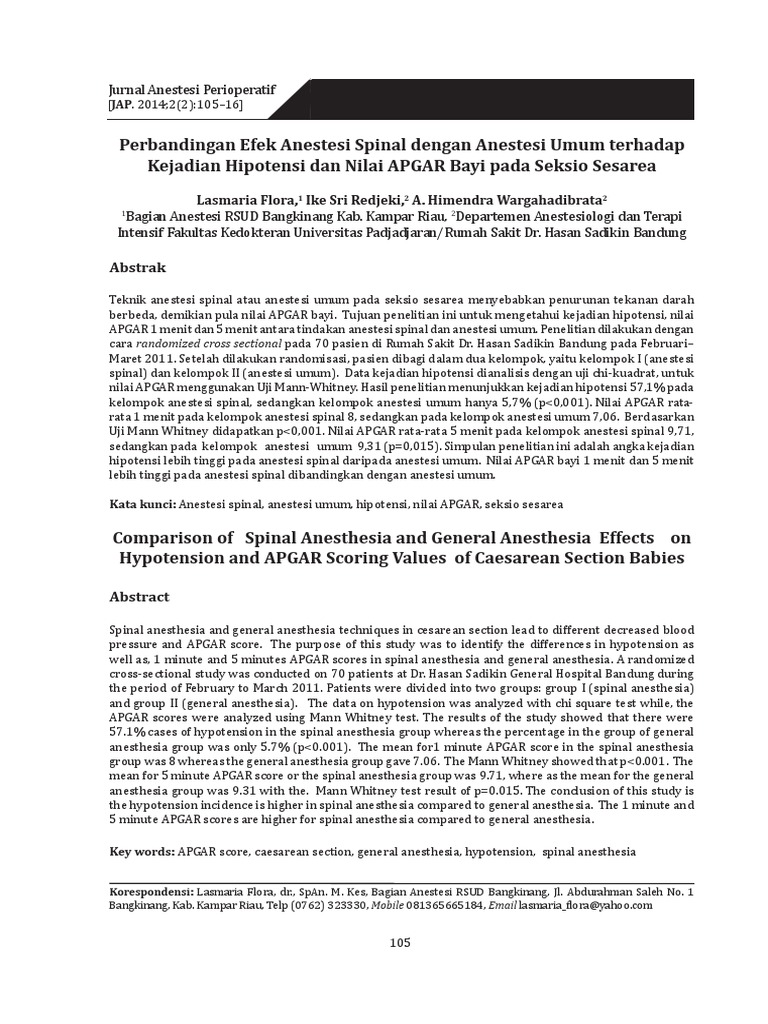 Efek Anestesi Spinal vs Umum pada Hipotensi dan APGAR | PDF