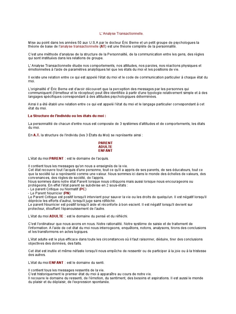 Analyse Transactionnelle | PDF | Psychologie | Concept de psychologie