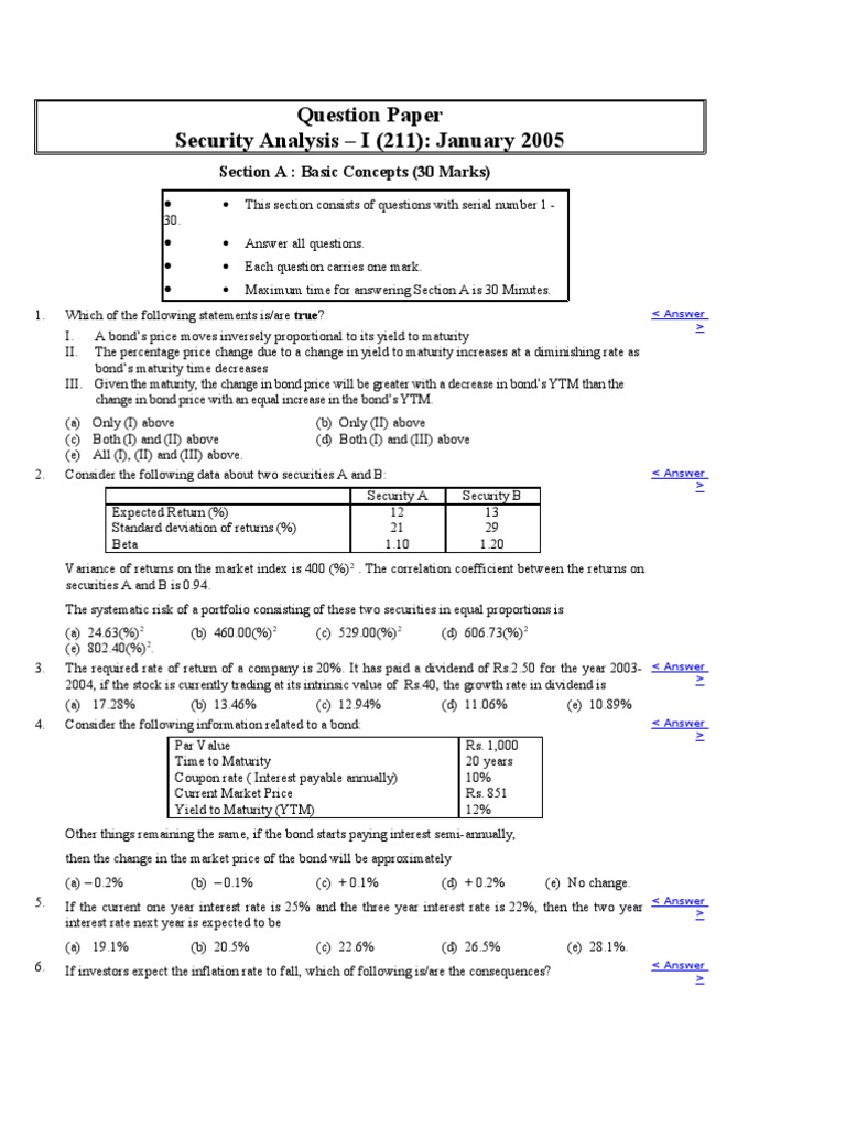 Question Paper Security Analysis - I (211) | PDF | Option (Finance ...