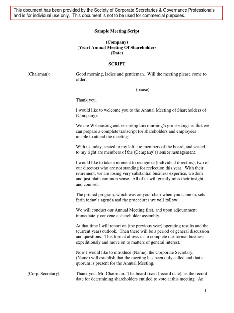 Annual Meeting Script | Proxy Voting | Board Of Directors
