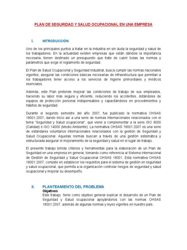 Plan de Seguridad y Salud Ocupacional | PDF | La seguridad | Seguridad ...